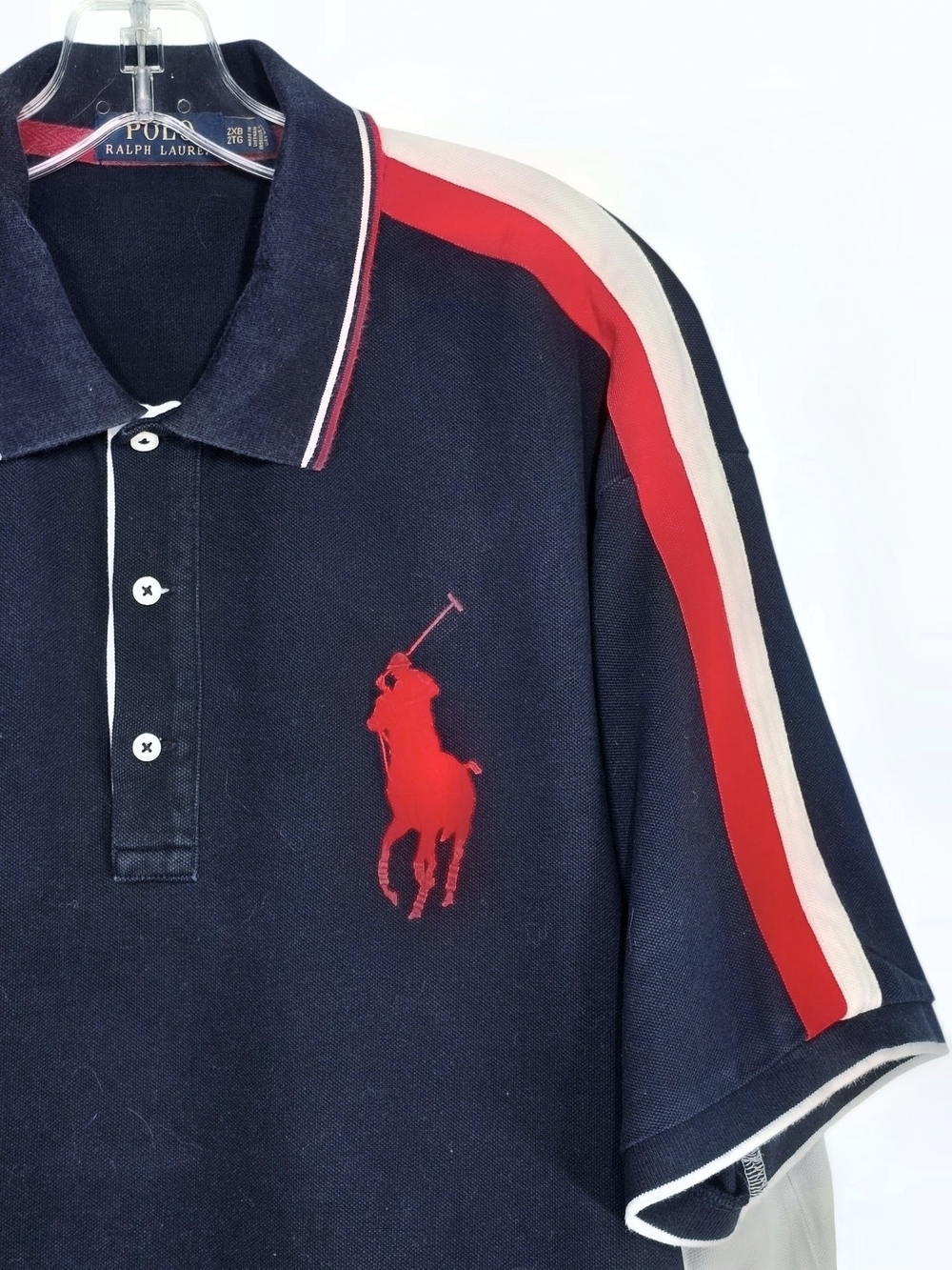 Polo Ralph Lauren Big Pony Polo Shirt 2XB Navy Red White Woven Collar Trim Logo - Picture 13 of 13